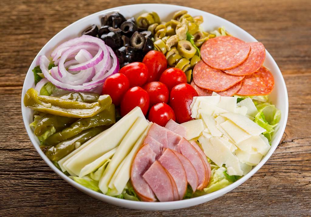 Rosati's Antipasto Salad · Romaine and iceberg lettuce, spinach leaves, green pepper, red onion, black, and green olives, pepperoni, Canadian bacon, grape tomato, mozzarella cheese, and shaved.