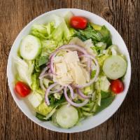 Side Salad · Romaine and iceberg lettuce, spinach leaves, cucumbers, grape tomatoes, red onion, and shave...