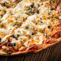 Classic Combo Pizza · Gourmet Italian sausage, pepperoni, mushrooms, onions, green peppers and black olives.
