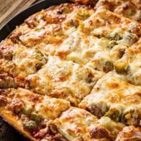 The Windy City Pizza · Gourmet Italian sausage, fresh garlic, onion and Rosati’s hot giardiniera.