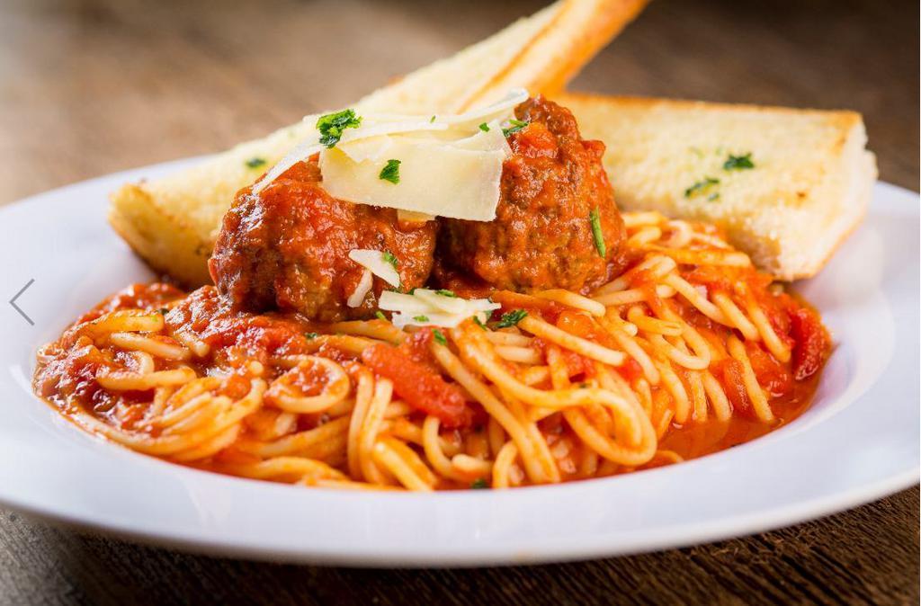 Spaghetti and Meatballs · Serves 1-2. Traditional spaghetti with marinara sauce served with homemade meatballs and topped with shaved Asiago cheese and fresh parsley. Served with a side of garlic bread and Romano cheese.