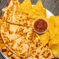  Quesadilla · Melted Jack and cheddar cheeses in a large flour tortilla with your choice of protein.