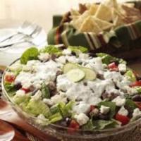 M3. Chicken Shawarma Salad · Combination of shredded iceberg lettuce, tomatoes, cucumbers, onions, tzatziki, feta cheese ...