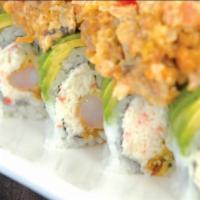 Homeless Roll · Inside: tempura shrimp, imitation crab, cucumber. Outside: avocado, chopped soft shell crab ...