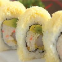 Crunch Shrimp Roll · Inside: tempura shrimp, imitation crab, avocado. Outside: crunch with spicy mayo, eel sauce.