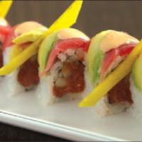 Rose Roll · Inside: spicy tuna, cucumber. Outside: tuna, avocado with spicy mayo sauce.