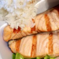 Salmon Teriyaki · Grilled salmon teriyaki and sauce with rice, miso, and salad.