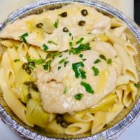 Chicken Piccata · Sauteed with artichoke hearts, capers in a lemon and white wine sauce. Served over pasta wit...