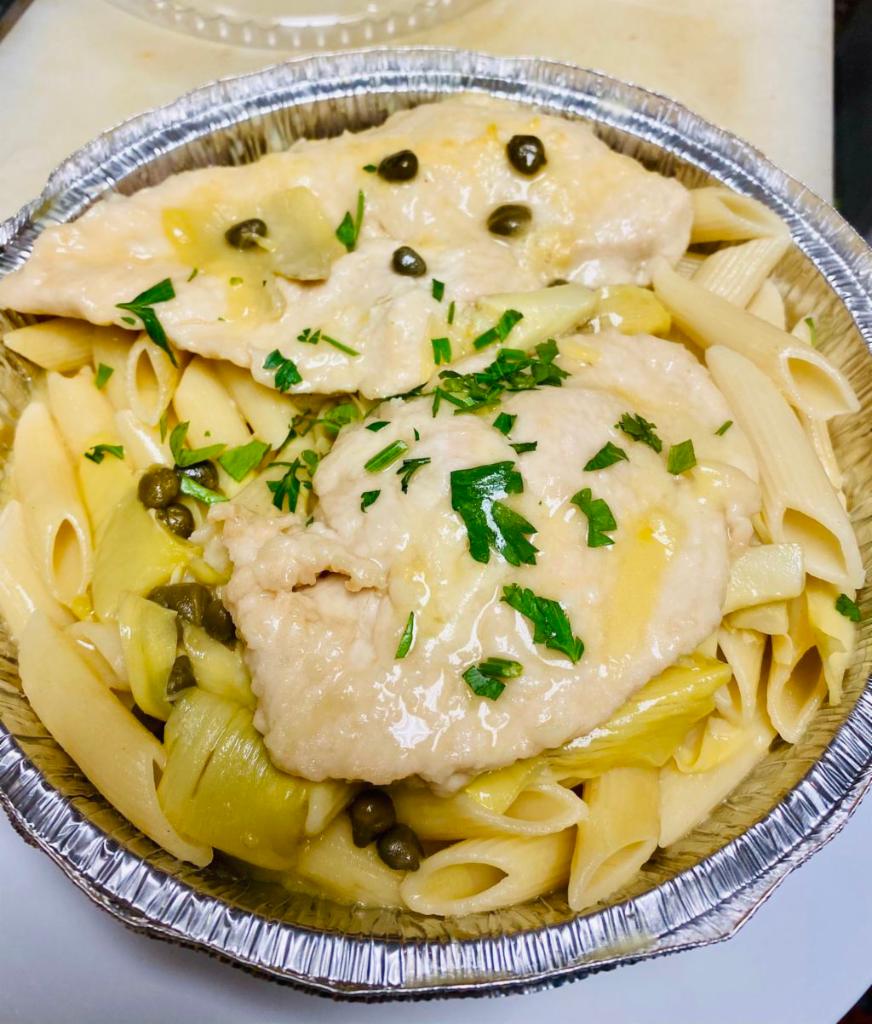 Chicken Piccata · Sauteed with artichoke hearts, capers in a lemon and white wine sauce. Served over pasta with a small salad. 