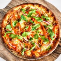 ONE STEP BEYOND · mozzarella, housemade Beyond Meat sausage, roasted red bell peppers, red onions, wild baby a...