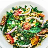 KALE ＆ QUINOA SALAD · with cherry tomatoes, red onions, toasted pine nuts, ricotta salata served with a balsamic s...