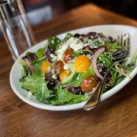 Greek Salad · Cucumber, cherry tomato, red onion, Kalamata olive, feta cheese, and white balsamic dressing.