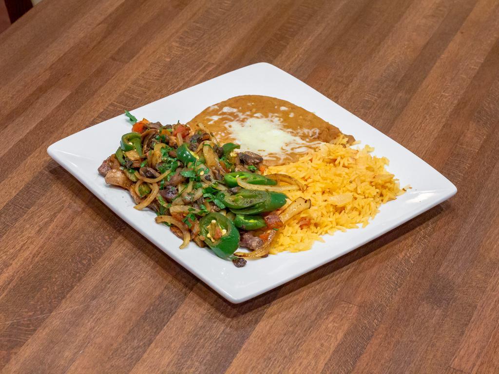 Steak a la Mexicana · Chopped rib-eye steak cooked with tomatoes, onions, jalapenos, mushrooms, and cilantro. Served with rice, beans, and 3 tortillas.