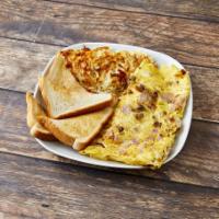 Farmers Omelette · Served with bacon, ham, onions, cheese and the hash-browns inside.