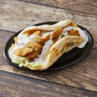 Chicken Fingers Pita · Swiss and American cheese, lettuce and tomato. Served with choice of sauce.