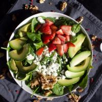 City Park Salad · Organic spinach, strawberries, avocado, walnuts, goat cheese and honey balsamic vinaigrette.