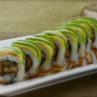 Catapillar Roll · Eel and cucumber wrapped with sliced avocado and eel sauce 