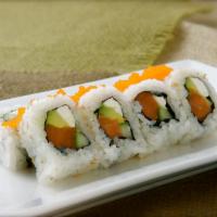 Philadelphia Roll · Salmon, cream cheese, cucumber and avocado topped with smelt eggs