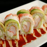 Pastel Roll · Shrimp, crab stick and cream cheese wrapped with soy paper, shrimp and avocado on top, drizz...