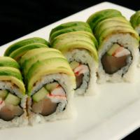 Yebisu Roll · Chopped Albacore, shrimp and cucumber with sliced avocado drizzled with garlic sauce