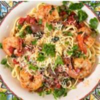 Ganbari  pasta · Shrimp, roasted peppers and capers, tossed with olive oil, a hint of crushed red pepper, gar...