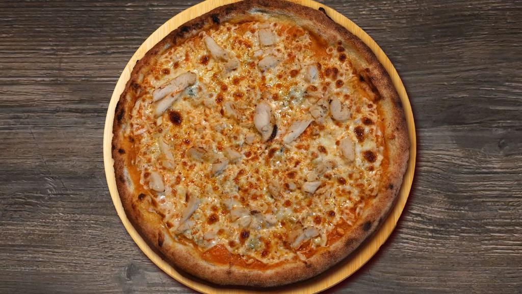 Buffalo Chicken Pizza · Buffalo sauce, shredded mozzarella, blue cheese crumbles and grilled chicken.