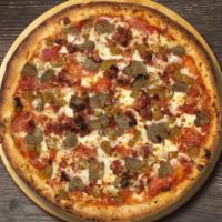 The Meatza Pizza · Signature marinara, shredded mozzarella, pepperoni, bacon, Italian sausage and crumbled meat...