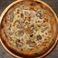 The White Out Pizza · Olive oil, shredded mozzarella, Parmesan, fresh mushrooms and garlic.