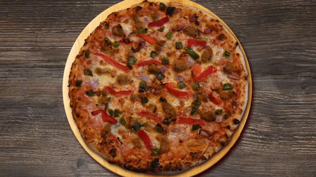 Sausage and Peppers Pizza · Signature marinara, shredded mozzarella, Italian sausage, red and green peppers and red onions.