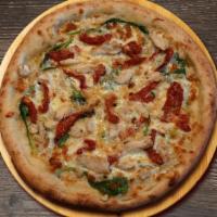 Tuscan Chicken Pizza · Extra virgin olive oil, fresh spinach,  shredded mozzarella, asiago, sun dried tomatoes and ...