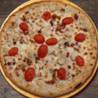 Chicken Club Pizza · White Garlic Pizza Sauce, Shredded Mozzarella, Grilled Chicken, Bacon and Fresh Tomatoes