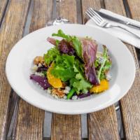 Beet Salad · Roasted beets, blue cheese, walnut, slices of orange and balsamic vinaigrette.