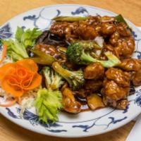 5. General Tso's Chicken · Chunk of dark meat chicken breaded and fried with bell pepper celery, broccoli and dry red p...