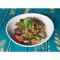 Tallarin Saltado · wok seared chicken, soy and oyster sauce, onions, tomato, ginger, linguini