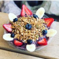 PB&J Coco Bowl · Acai berry, bananas, blueberries, strawberries, peanut butter, local date puree and almond m...