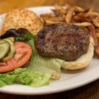 Grilled Burger · beef burger, lettuce, tomato, pickles, french fries