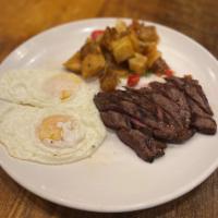 Steak & Eggs · petite filet, two eggs (served with home fries on weekends and french fries on weekdays)