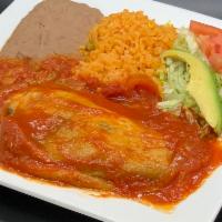 Chile Relleno Dinner · Chile relleno, rice, beans, and a side of tortillas.