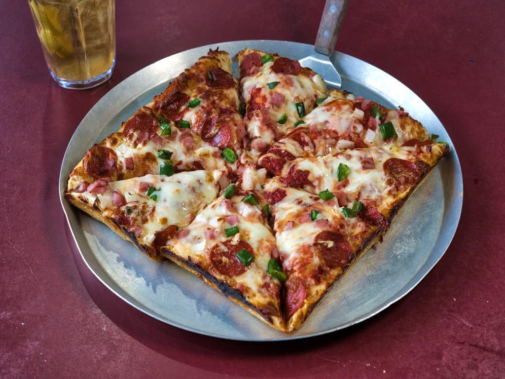 Classic Supreme Pizza · Spicy pepperoni, ham, green pepper and Spanish onion over pizza sauce with our house cheese blend.