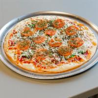 Margarita Pizza · Brick oven style cauliflower crust, mozzarella cheese, sliced tomatoes, and fresh basil. Glu...