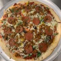 Supreme Pizza · Cauliflower Crust, Vegan Pepperoni, Beyond Sausage, Peppers, Mushrooms, Marinara Sauce, Vega...