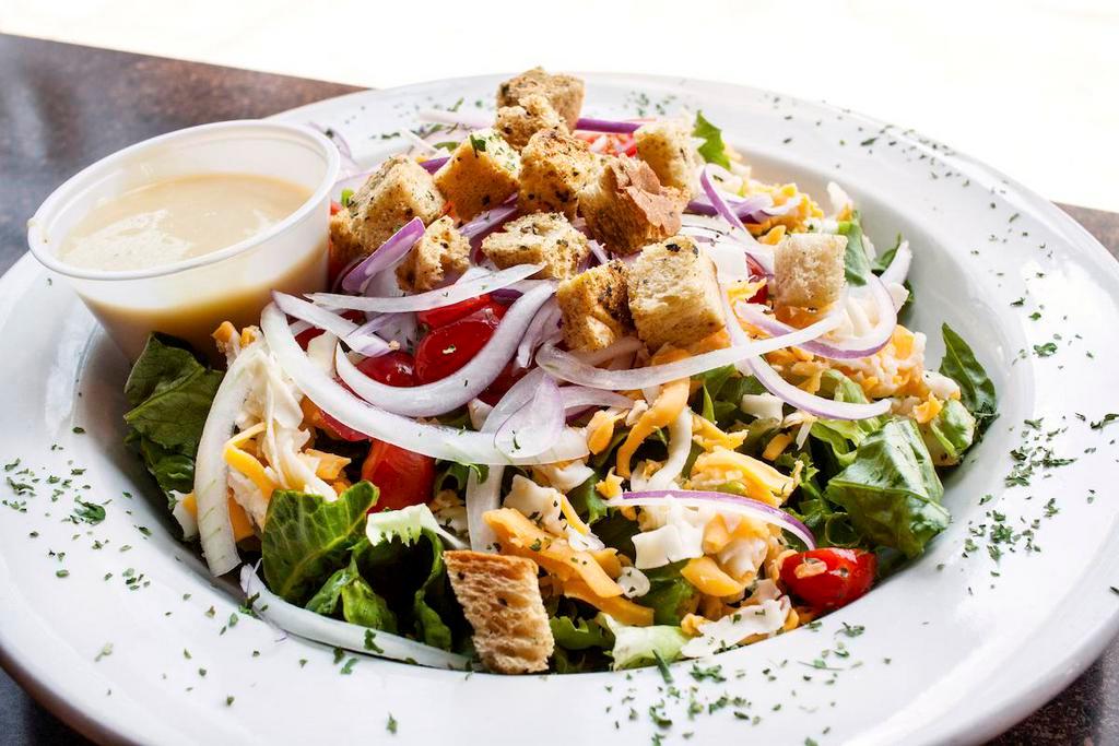 House Salad · Leafy greens with shredded cheese, red onions, tomatoes and croutons. Choice of dressing on the side. Add grilled or blackened chicken for an additional charge. Dressing choices: bleu cheese, Caesar, chipotle ranch, cilantro lime ranch, ranch, balsamic vinaigrette, sun-dried tomato vinaigrette, honey mustard, 1000 island.
