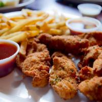 Chicken Basket · Hand-breaded tenders served regular or buffalo style with fries. Your choice of ranch, bleu ...