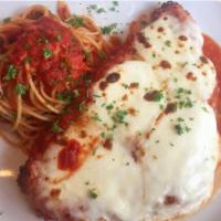 Chicken Parmigiana · Served with spaghetti and fresh tomato sauce.