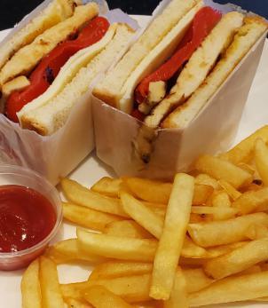 Chicken Sandwich  with Potato Fries · Grilled chicken, roasted pepper, jalapeno, and Mozzarella cheese.