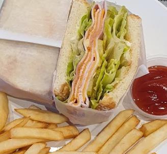 Ham & Cheese Sandwich with Potato Fries · Mozzarellar cheese, ham, mayonnaise, pickle, and lettuce.