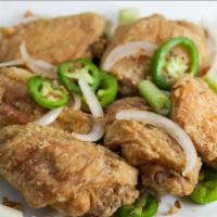 Salt Pepper Wings · 8 pieces. Hot and spicy. Hot and spicy. Salty and spicy chicken flat wings with jalapeno. (N...
