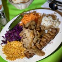 Gyro (Doner) & Lamb Adana · Entrées are served with pickled red cabbage, shredded carrot, white rice and bulgur, bread, ...