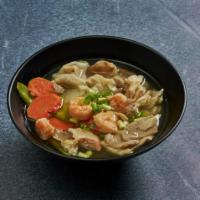 Warr Wonton Soup · Pork wontons, shrimp, beef, chicken, napa cabbage, mushrooms, snow peas, bamboo shoots, wate...
