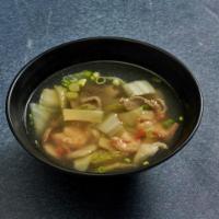 Sizzling Rice Soup · Shrimp, beef, chicken, Napa cabbage, mushrooms, bamboo shoots, water chestnuts, carrots and ...